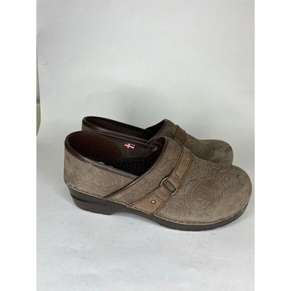 Sanita Shoes Clogs Women Size 40 US 9 Brown Leather Floral - Picture 1 of 15